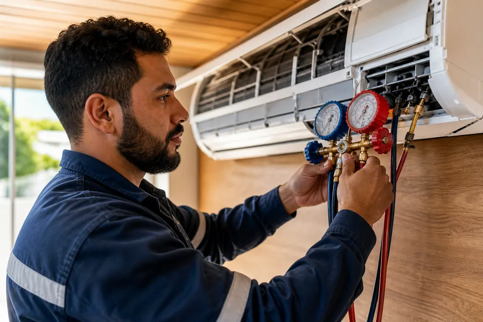 Técnico fazendo inspeção profissional em ar-condicionado